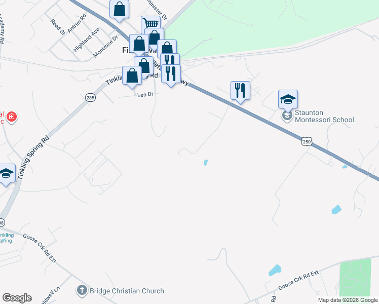 map of restaurants, bars, coffee shops, grocery stores, and more near 71 1st Street in Fishersville