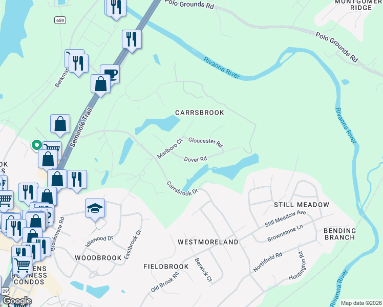 map of restaurants, bars, coffee shops, grocery stores, and more near 310 Dover Rd in Charlottesville