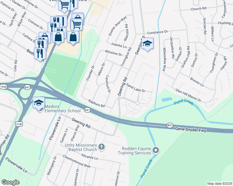 map of restaurants, bars, coffee shops, grocery stores, and more near 11210 Deering Road in Louisville