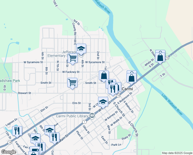 map of restaurants, bars, coffee shops, grocery stores, and more near 409 2nd Street in Carmi