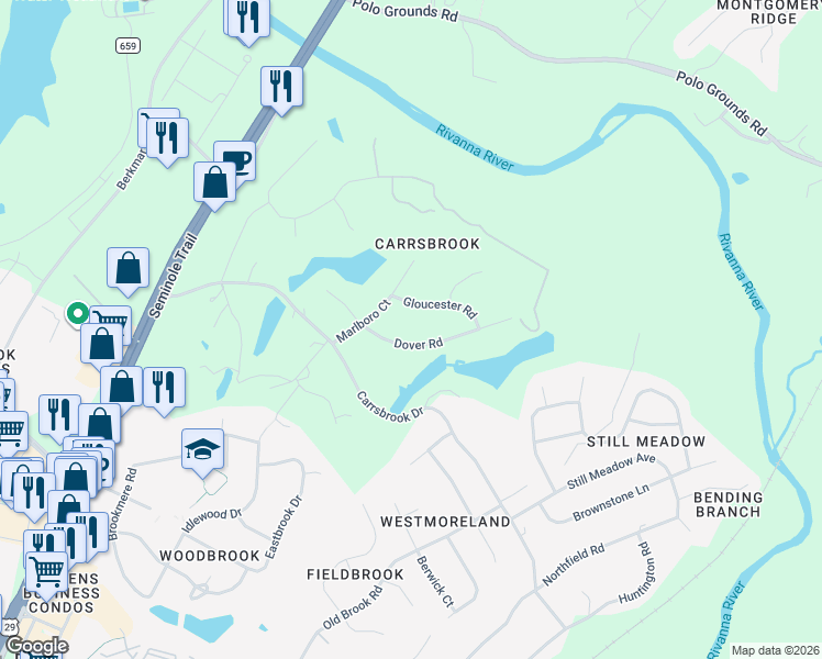 map of restaurants, bars, coffee shops, grocery stores, and more near 310 Dover Road in Charlottesville