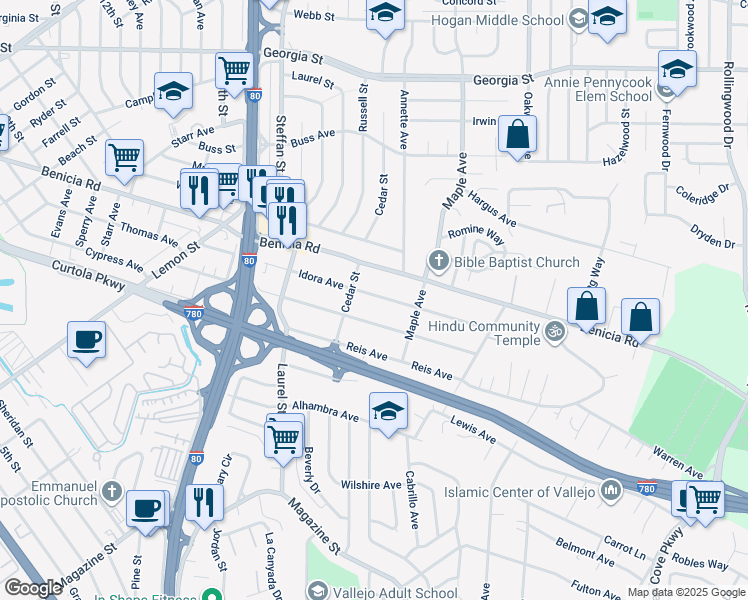 map of restaurants, bars, coffee shops, grocery stores, and more near 327 Idora Avenue in Vallejo