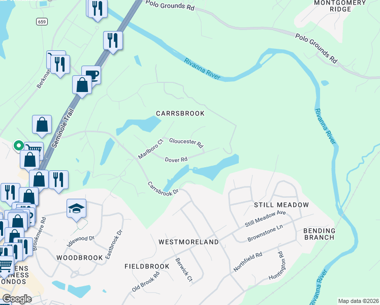 map of restaurants, bars, coffee shops, grocery stores, and more near 322 Dover Road in Charlottesville