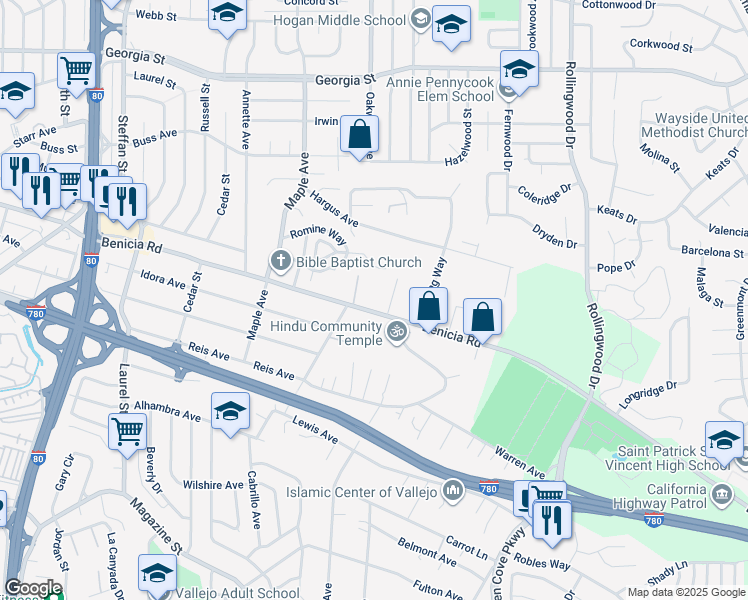 map of restaurants, bars, coffee shops, grocery stores, and more near 404 Hays Lane in Vallejo