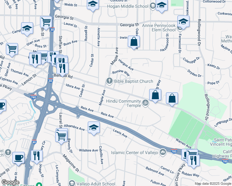 map of restaurants, bars, coffee shops, grocery stores, and more near 921 Benicia Road in Vallejo