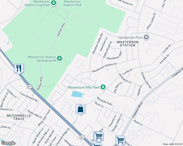 map of restaurants, bars, coffee shops, grocery stores, and more near 264 Masterson Station Drive in Lexington