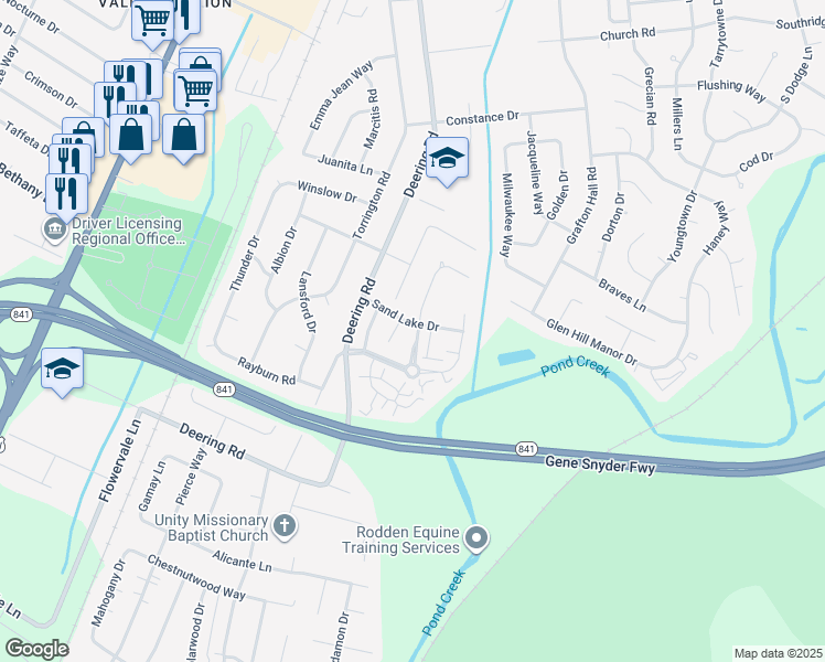 map of restaurants, bars, coffee shops, grocery stores, and more near 11200 Sandwood Place in Louisville