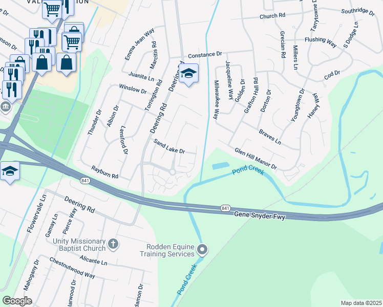 map of restaurants, bars, coffee shops, grocery stores, and more near 4800 Woodridge Lake Boulevard in Louisville