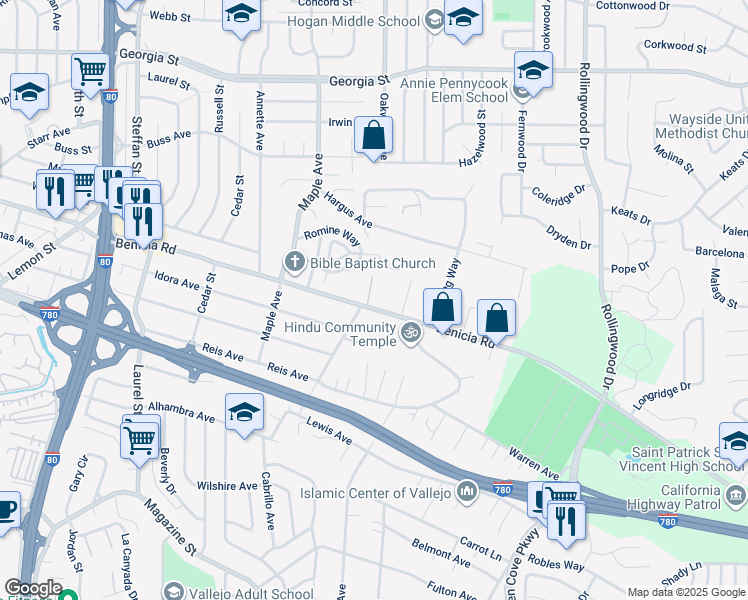 map of restaurants, bars, coffee shops, grocery stores, and more near 404 Hays Lane in Vallejo