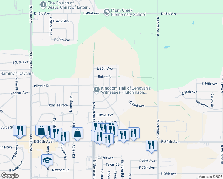 map of restaurants, bars, coffee shops, grocery stores, and more near 3403 Rockwood Drive in Hutchinson