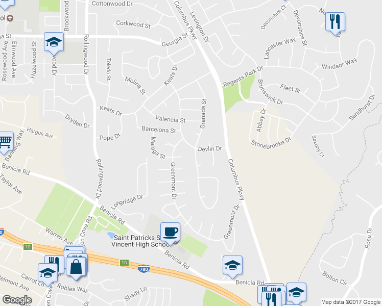 map of restaurants, bars, coffee shops, grocery stores, and more near 1387 Granada St in Vallejo