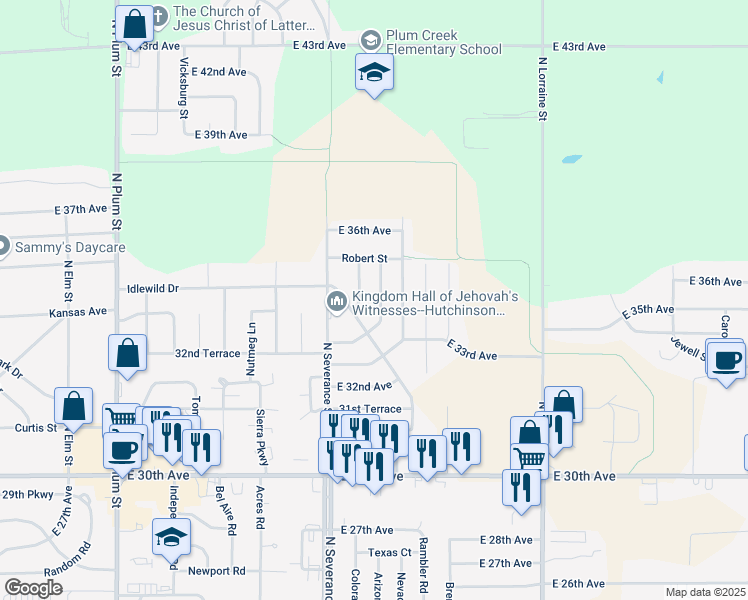 map of restaurants, bars, coffee shops, grocery stores, and more near 3403 Rockwood Drive in Hutchinson