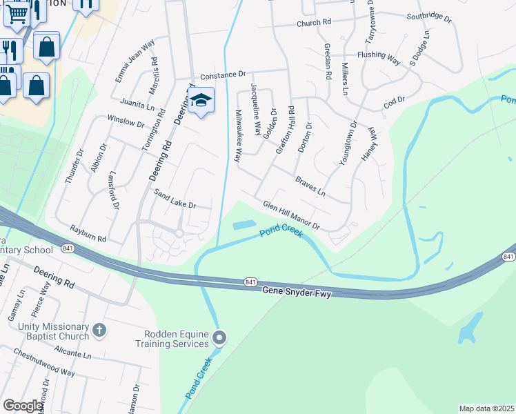 map of restaurants, bars, coffee shops, grocery stores, and more near 4113 Glen Hill Manor Drive in Louisville
