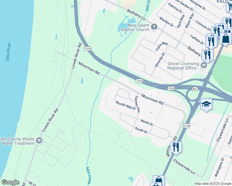 map of restaurants, bars, coffee shops, grocery stores, and more near 6729 North Drive in Louisville