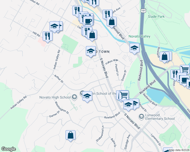 map of restaurants, bars, coffee shops, grocery stores, and more near 1455 Cambridge Street in Novato