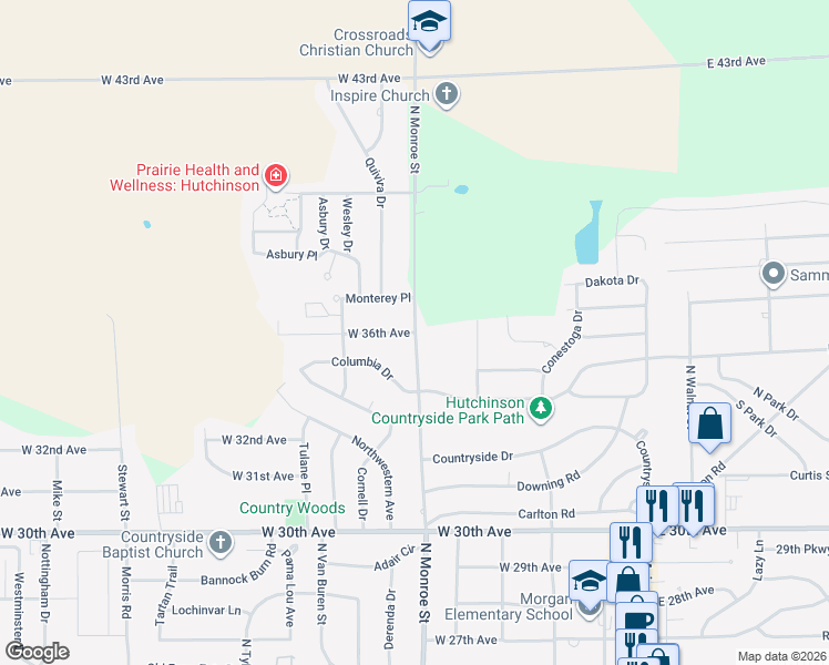 map of restaurants, bars, coffee shops, grocery stores, and more near 501 West 36th Avenue in Hutchinson