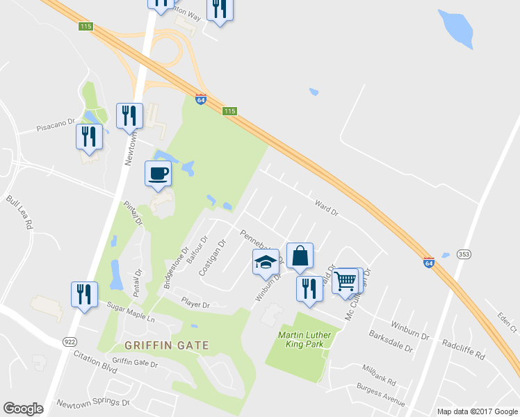 map of restaurants, bars, coffee shops, grocery stores, and more near 1909 Leitner Court in Lexington