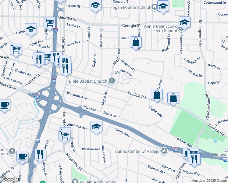 map of restaurants, bars, coffee shops, grocery stores, and more near 921 Benicia Road in Vallejo