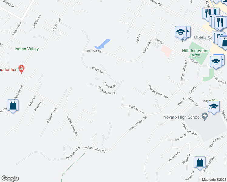 map of restaurants, bars, coffee shops, grocery stores, and more near 50 Half Moon Road in Novato