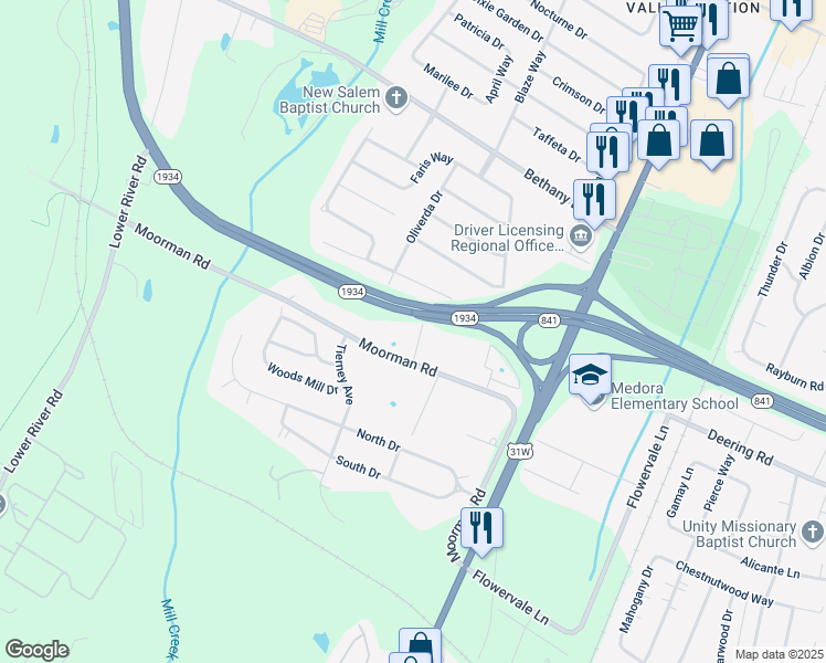 map of restaurants, bars, coffee shops, grocery stores, and more near 11312 Frenchrone Drive in Louisville