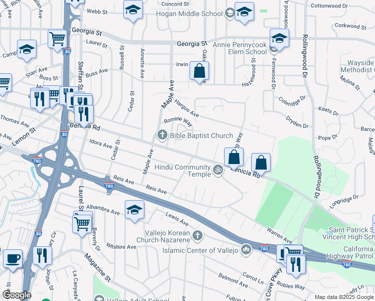 map of restaurants, bars, coffee shops, grocery stores, and more near 966 Benicia Road in Vallejo