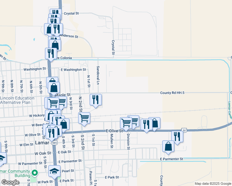 map of restaurants, bars, coffee shops, grocery stores, and more near 800 East Maple Street in Lamar