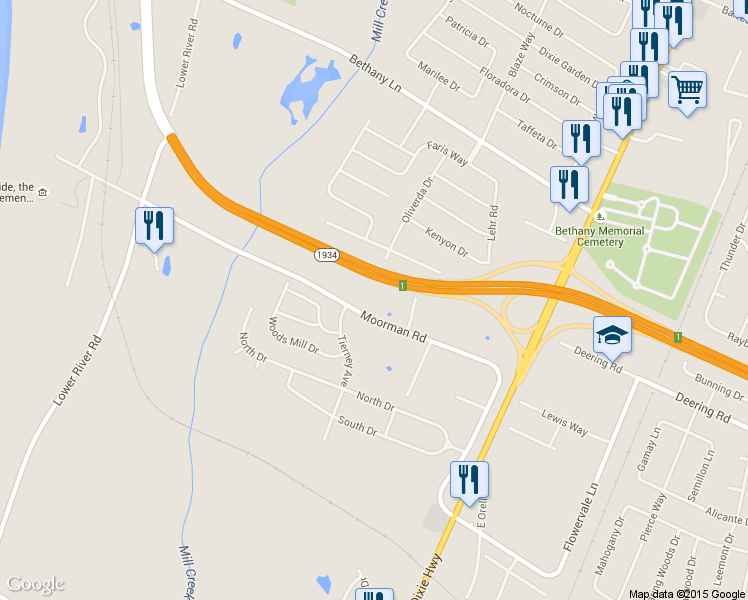 map of restaurants, bars, coffee shops, grocery stores, and more near 6501 Moorman Road in Louisville
