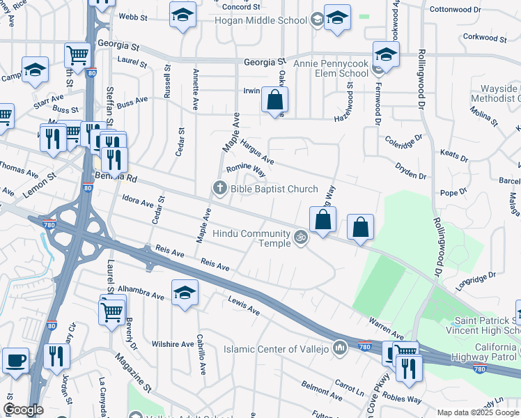 map of restaurants, bars, coffee shops, grocery stores, and more near in Vallejo