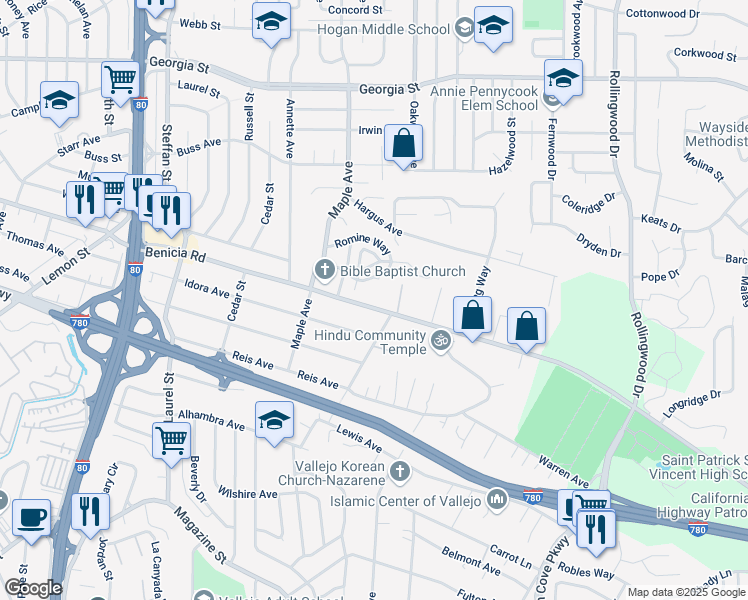 map of restaurants, bars, coffee shops, grocery stores, and more near in Vallejo