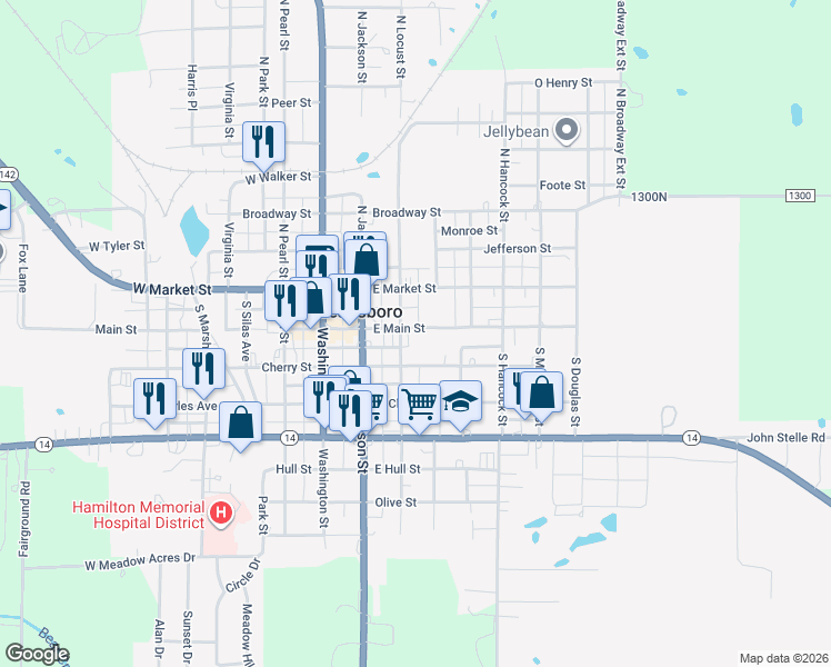map of restaurants, bars, coffee shops, grocery stores, and more near 305 East Main Street in McLeansboro