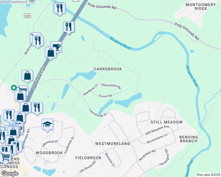 map of restaurants, bars, coffee shops, grocery stores, and more near 322 Dover Road in Charlottesville