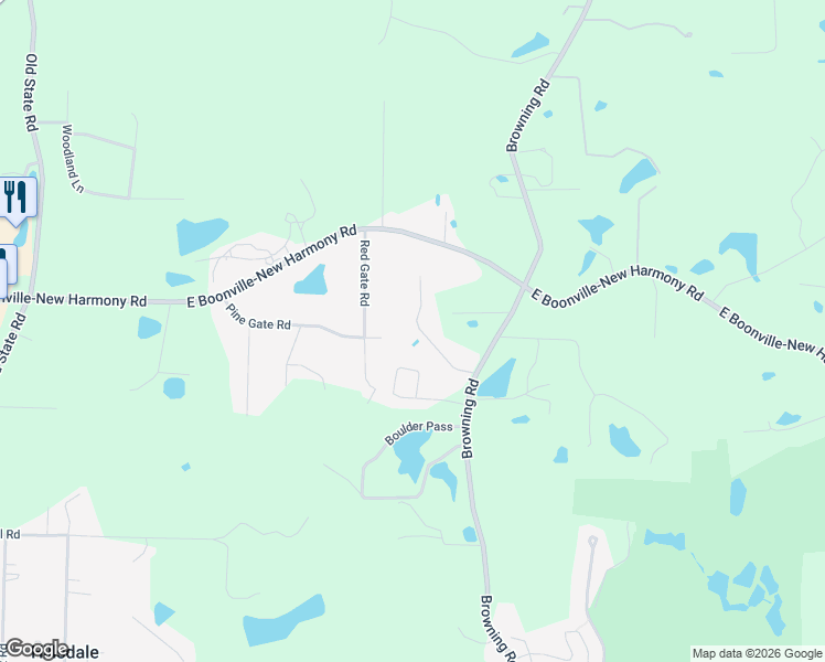 map of restaurants, bars, coffee shops, grocery stores, and more near 1301 Hunters Ridge Court in Evansville