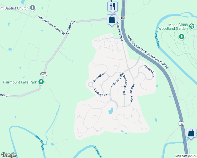map of restaurants, bars, coffee shops, grocery stores, and more near 11110 Blade Crest Way in Louisville