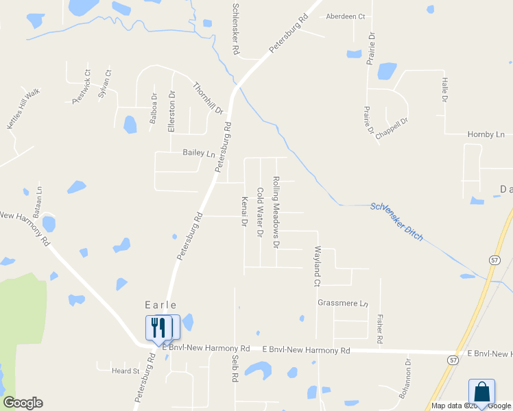 map of restaurants, bars, coffee shops, grocery stores, and more near 12642 Cold Water Drive in Evansville