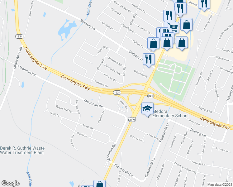 map of restaurants, bars, coffee shops, grocery stores, and more near 11201 Lehr Road in Louisville