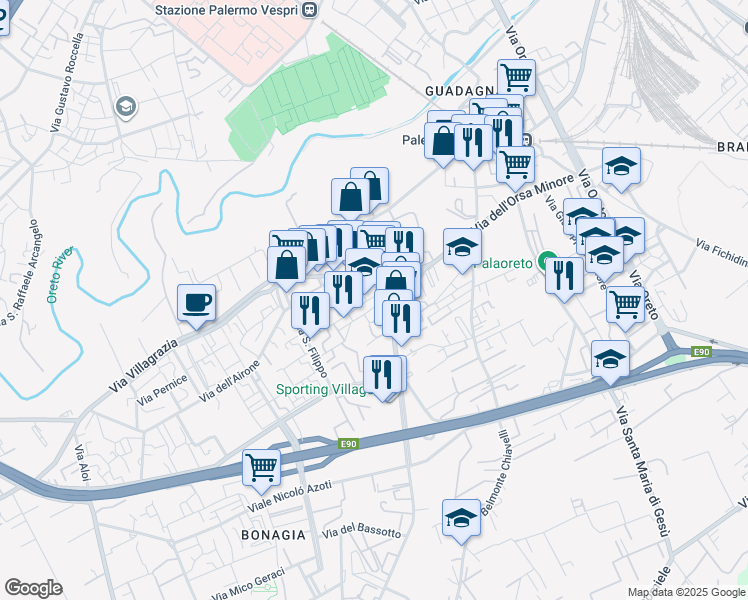 map of restaurants, bars, coffee shops, grocery stores, and more near 134-138 Via dell'Orsa Minore in Palermo