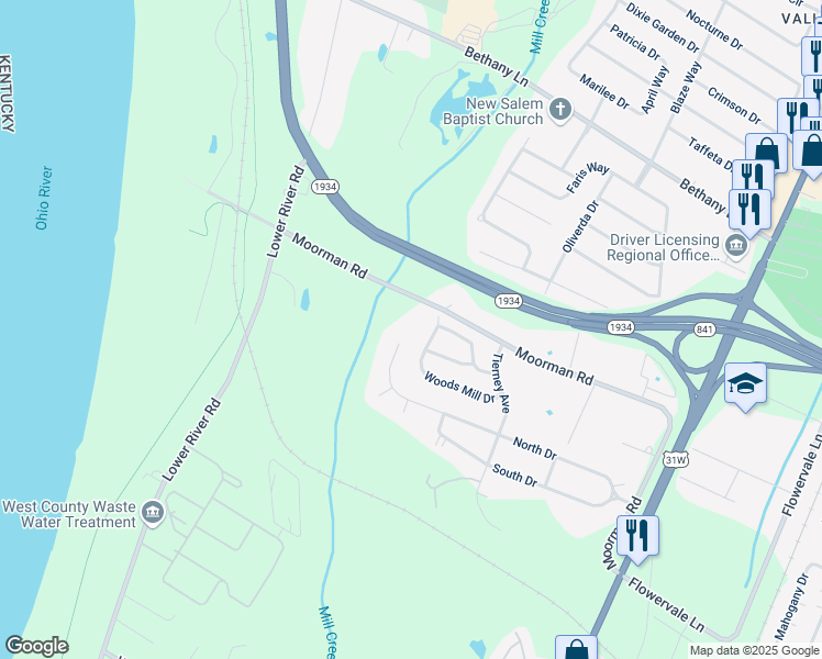 map of restaurants, bars, coffee shops, grocery stores, and more near 6729 North Drive in Louisville