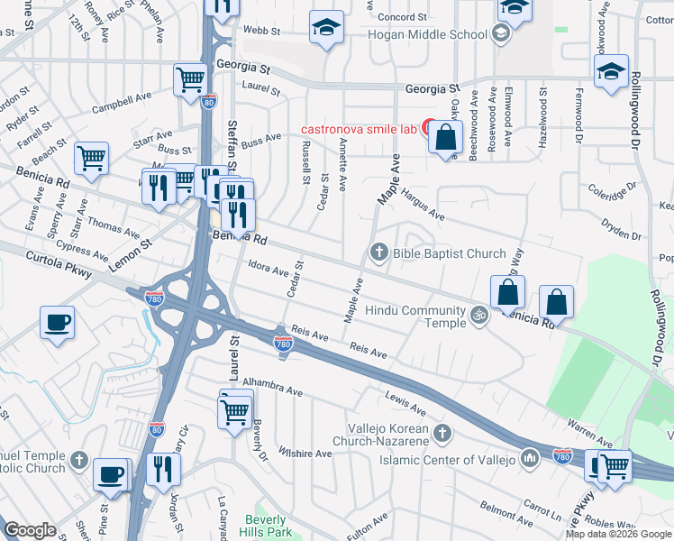 map of restaurants, bars, coffee shops, grocery stores, and more near 378 Idora Avenue in Vallejo