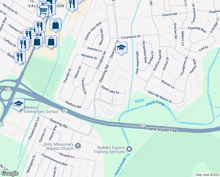 map of restaurants, bars, coffee shops, grocery stores, and more near 5205 Sand Lake Drive in Louisville