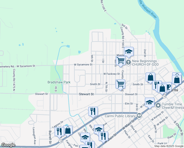 map of restaurants, bars, coffee shops, grocery stores, and more near 601 9th Street in Carmi