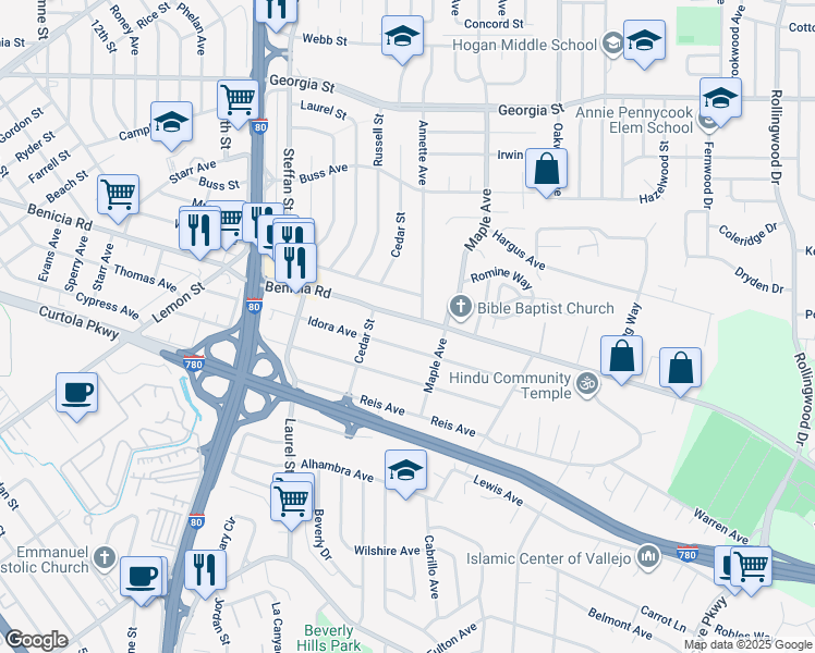 map of restaurants, bars, coffee shops, grocery stores, and more near 327 Idora Avenue in Vallejo