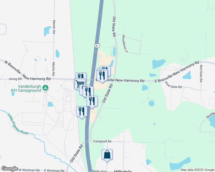 map of restaurants, bars, coffee shops, grocery stores, and more near 12600 Old State Road in Evansville