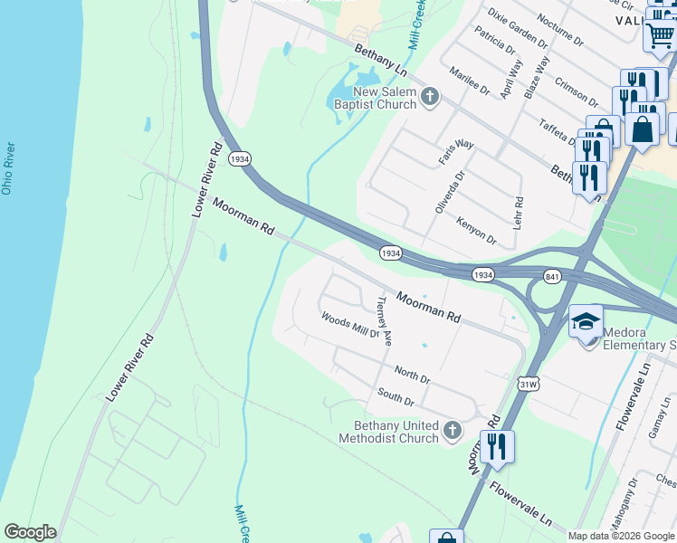 map of restaurants, bars, coffee shops, grocery stores, and more near 6729 North Drive in Louisville