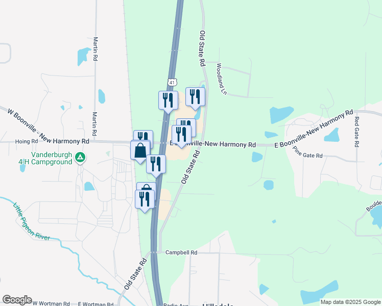 map of restaurants, bars, coffee shops, grocery stores, and more near 12600 Old State Road in Evansville