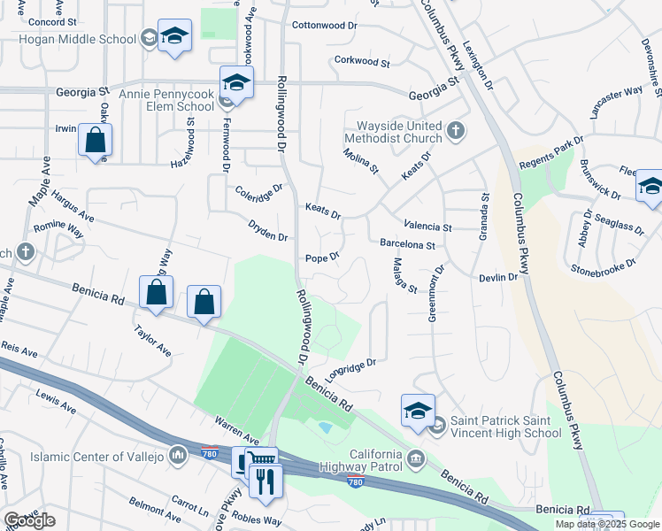 map of restaurants, bars, coffee shops, grocery stores, and more near 200 Rollingwood Drive in Vallejo