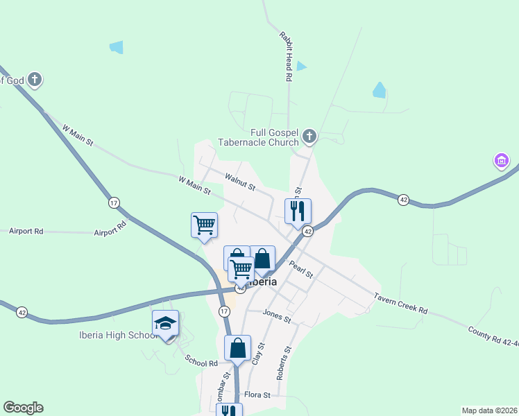 map of restaurants, bars, coffee shops, grocery stores, and more near 300-310 West Main Street in Iberia