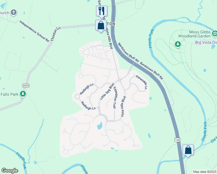 map of restaurants, bars, coffee shops, grocery stores, and more near 11102 Little Spring Boulevard in Louisville