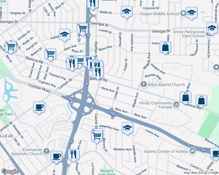 map of restaurants, bars, coffee shops, grocery stores, and more near in Vallejo