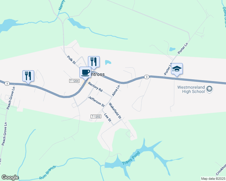 map of restaurants, bars, coffee shops, grocery stores, and more near 80 Alma Lane in Montross