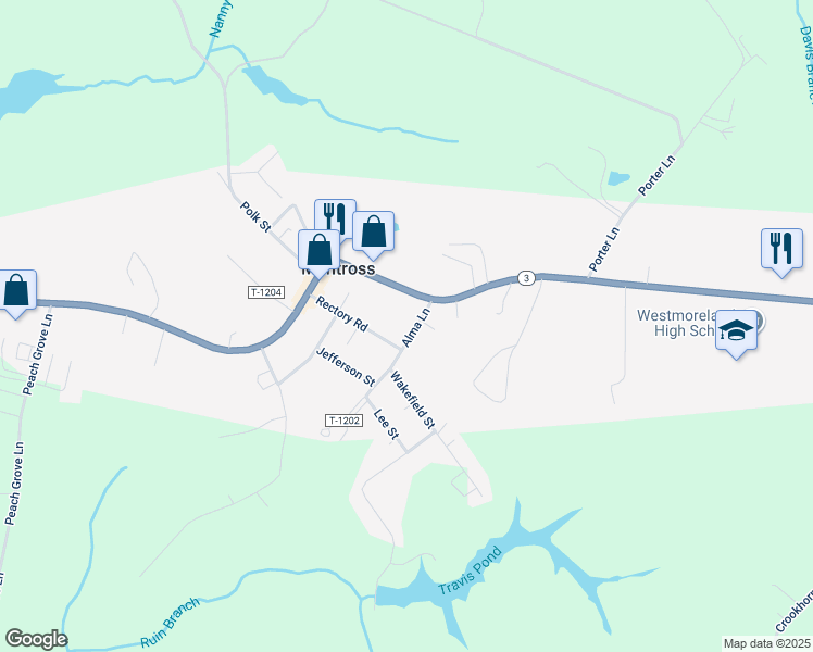 map of restaurants, bars, coffee shops, grocery stores, and more near 80 Alma Lane in Montross